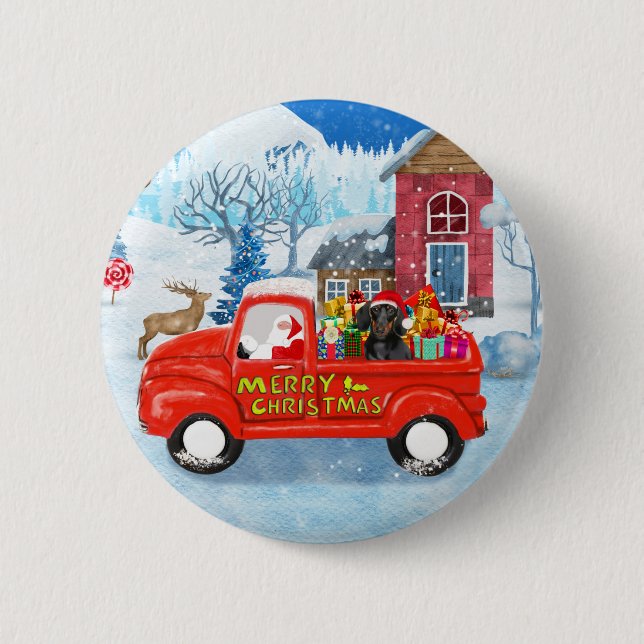 Badge Rond 5 Cm Dachshund Chien en livraison de Noël Camion Neige (Devant)