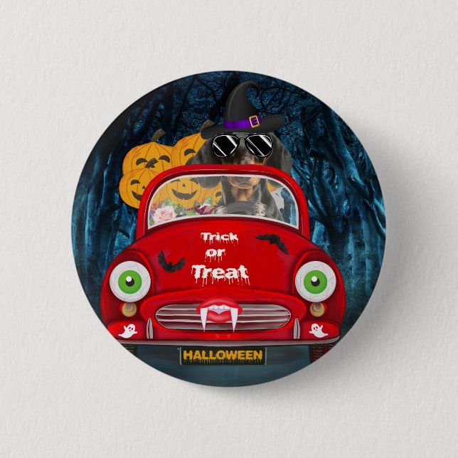 Badge Rond 5 Cm Dachshund Chien voiture voiture effrayant Hallowee (Devant)