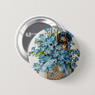 Badge Rond 5 Cm Dachshund et Forget-Me-Nots