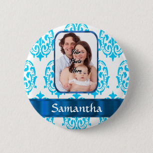 Badge Rond 5 Cm Damas blanc et bleu