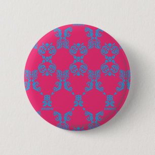 Badge Rond 5 Cm Damassé Aqua-Magenta
