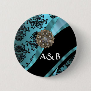 Badge Rond 5 Cm Damassé noire et bleu vert