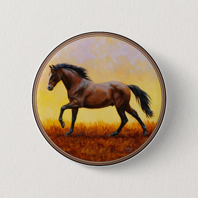 Badge Rond 5 Cm Dark Bay Stallion Horse Galloping (Devant)