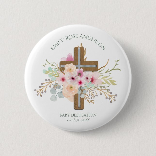 Badge Rond 5 Cm Dédication BÉBÉ personnalisée Croix florale (Devant)