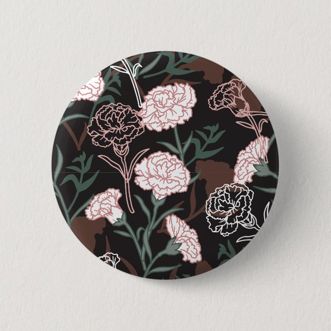 Badge Rond 5 Cm Délicates oeillets roses avec fleurs Feuilles vert (Devant)