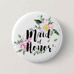 Badge Rond 5 Cm Demoiselle d'Honneur Fleurs Aquarelle Rose Mariage