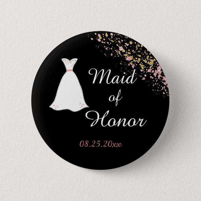 Badge Rond 5 Cm Demoiselle d'honneur noire et or (Devant)