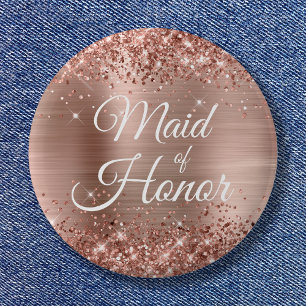 Badge Rond 5 Cm Demoiselle d'honneur pailletée feuille d'or rose
