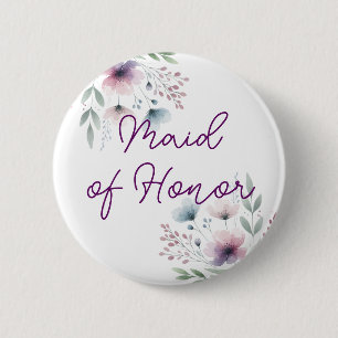 Badge Rond 5 Cm Demoiselle d'honneur violet et vert botanique