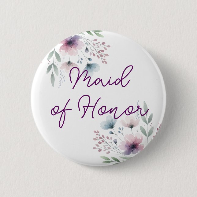 Badge Rond 5 Cm Demoiselle d'honneur violet et vert botanique (Devant)