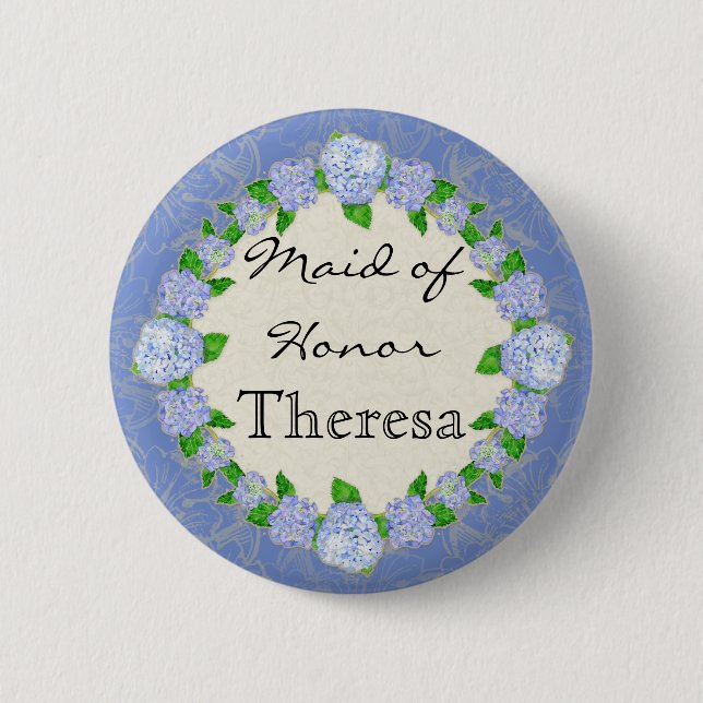 Badge Rond 5 Cm Dentelle bleu Hydrangea dentelle florale servante  (Devant)
