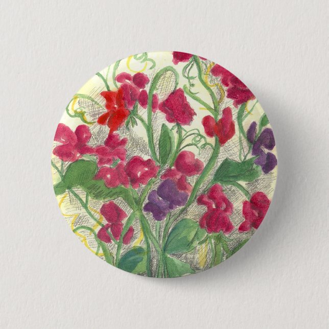 Badge Rond 5 Cm Dessin d'aquarelle du jardin de pois doux rouge (Devant)