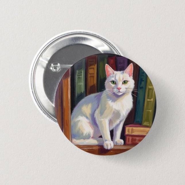 Badge Rond 5 Cm Dessin de chat blanc (Devant & derrière)