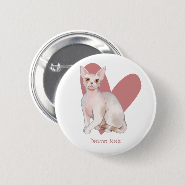 Badge Rond 5 Cm Dévon Rex Chat Aquarelle Kitty Pink Heart Button (Devant & derrière)