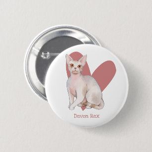 Badge Rond 5 Cm Dévon Rex Chat Aquarelle Kitty Pink Heart Button