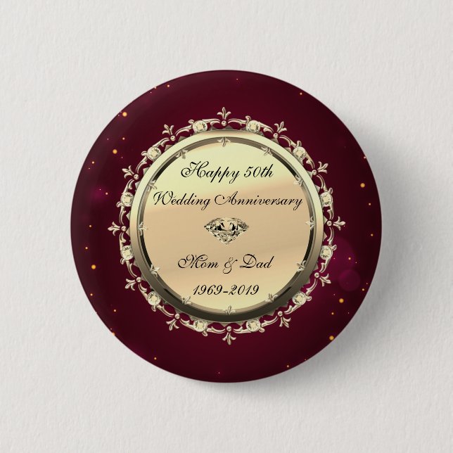 Badge Rond 5 Cm Diamants d'or 50e anniversaire de Mariage rouge (Devant)