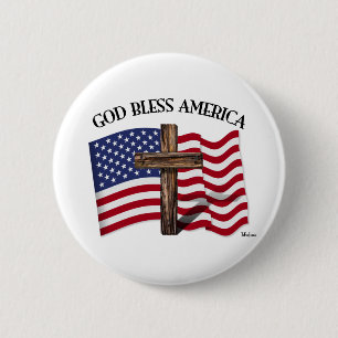 Badge Rond 5 Cm DIEU BLESS AMERICA avec croix robuste et drapeau U
