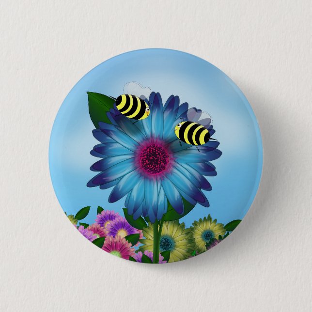 Badge Rond 5 Cm Dîner d'abeille sur Fleur bleue (Devant)