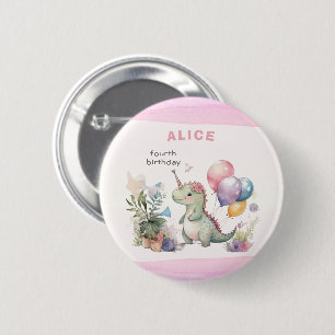 Badge Rond 5 Cm Dino Party Watercolor Girl rose Anniversaire