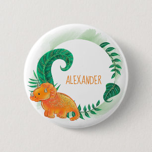 Badge Rond 5 Cm Dinosaur Cute Bright   Tricératops orange