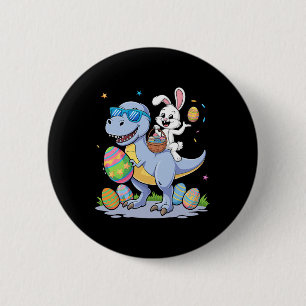 Badge Rond 5 Cm Dinosaure de Pâques T-rex et lapin tenant coloré E