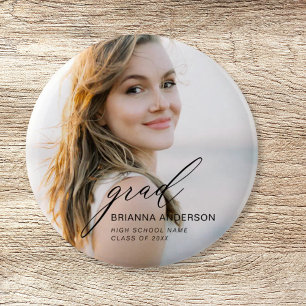 Badge Rond 5 Cm Diplômé Simple Script Moderne Photo Minimaliste