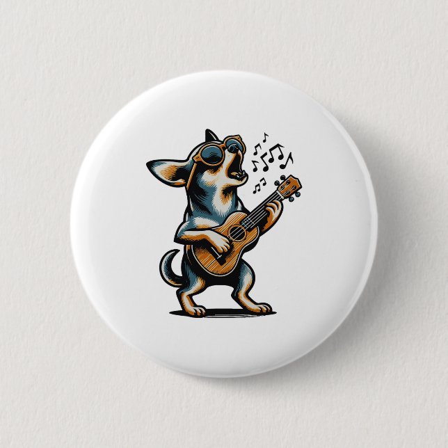 Badge Rond 5 Cm Dog Playing Guitar Singing Chihuahua Funny Dog Mar (Devant)