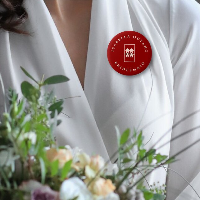 Badge Rond 5 Cm Double Happiness Team Mariée Chinese Wedding Party (BRIDESMAID Simple Rectangle Double Happiness Chinese Wedding Party Button @ fatfatin_red_knot)