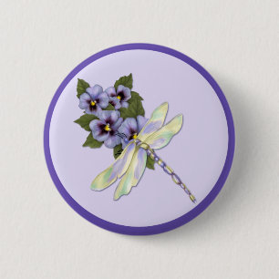 Badge Rond 5 Cm Dragonfly et Pansies