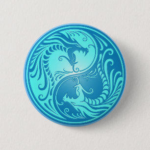 Badge Rond 5 Cm Dragons de Yin Yang, bleu-clair