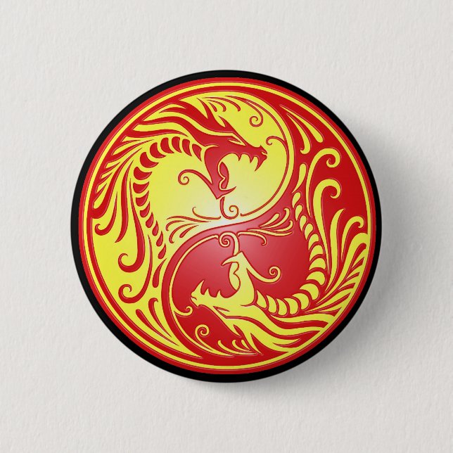 Badge Rond 5 Cm Dragons, rouge et jaune de Yin Yang (Devant)