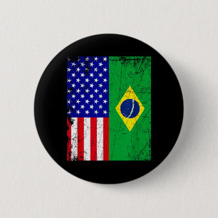Badge Rond 5 Cm Drapeau Américain Brésilien _ Moitié Brésil Moitié