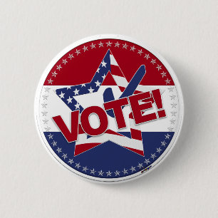 Badge Rond 5 Cm Drapeau USA 2024 VOTE Étoile coche