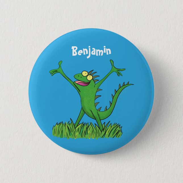 Badge Rond 5 Cm Drôle vert souriant animé lézard d'iguane (Devant)