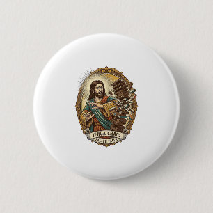 Badge Rond 5 Cm Échec de Jésus écrasant la tour de Jenga de la fêt