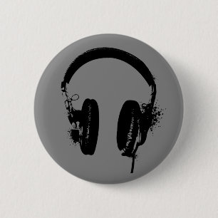 Badge Rond 5 Cm Écouteurs Graphisme pochoir noir Art Bouton Épingl