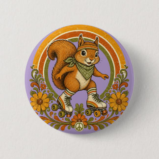Badge Rond 5 Cm Écureuil Rétro au Patin à Roulettes des Années 70