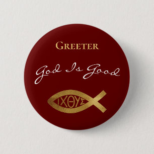 Badge Rond 5 Cm Église chrétienne plus verte Dieu est bon Rouge 