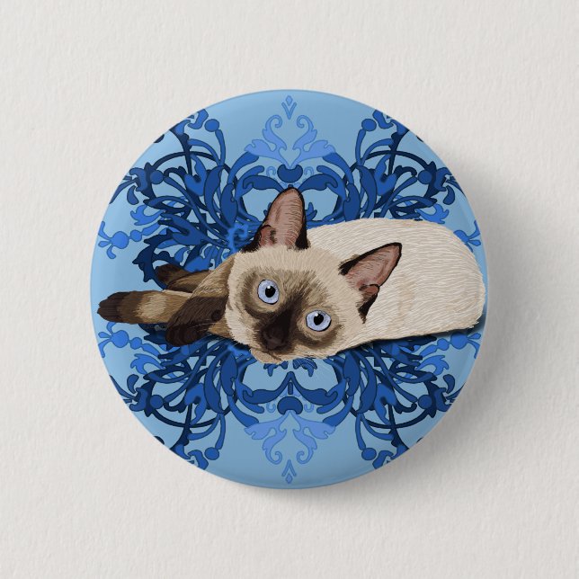 Badge Rond 5 Cm Elégant bleu floral chat siamois jolie féline (Devant)