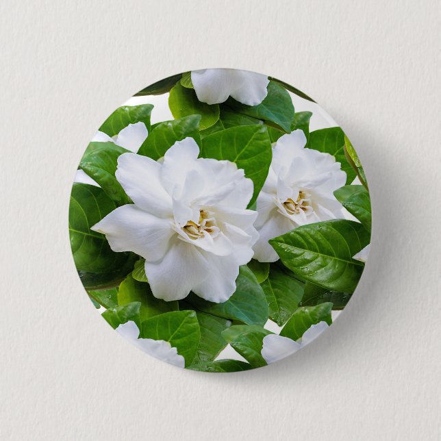 Badge Rond 5 Cm : "Elégant Bouton Fleurs de Gardenia Blanche (Devant)