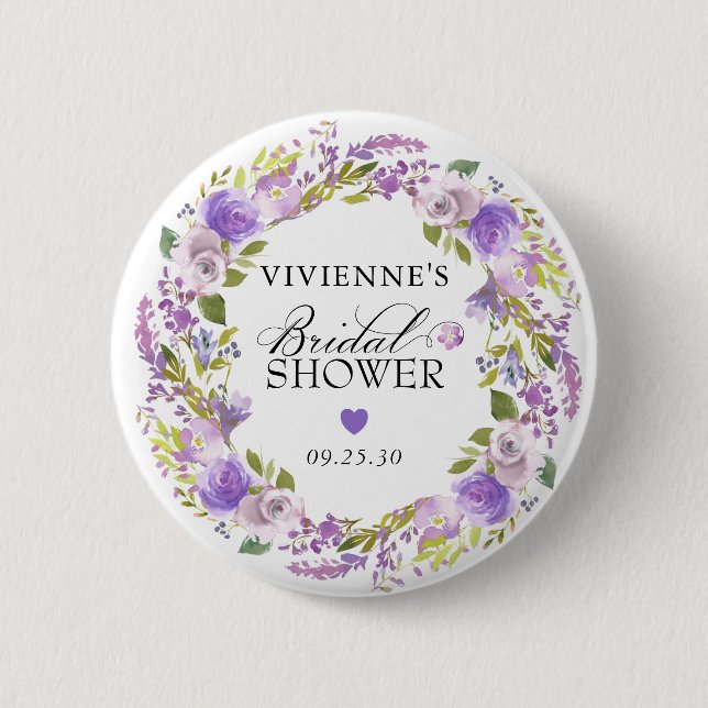 Badge Rond 5 Cm Élégant Fête de Mariage Florale Violette (Devant)