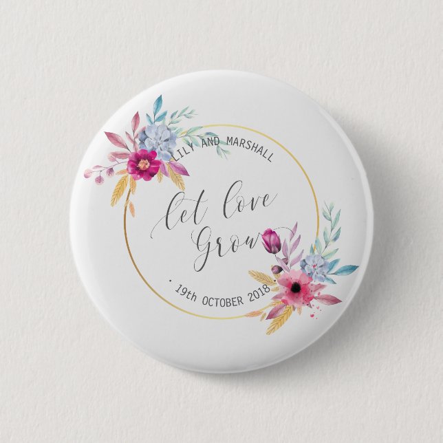 Badge Rond 5 Cm Élégant Floral Mr & Mrs Mariage | Bouton d'épingle (Devant)