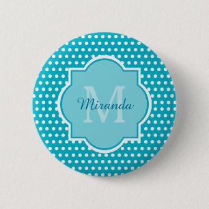 Badge Rond 5 Cm Élégant Monogramme Pois Turquoise Avec Nom