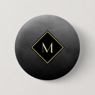 Badge Rond 5 Cm Élégant Noir Brossé Avec Monogramme Or Simple
