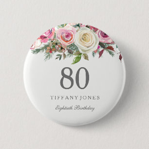 Badge Rond 5 Cm Élégante Rose blanche Rose 80e fête d'anniversaire