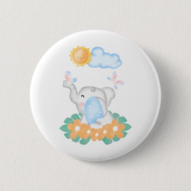 Badge Rond 5 Cm Eléphant Bébé mignon avec fleurs orange (Devant)