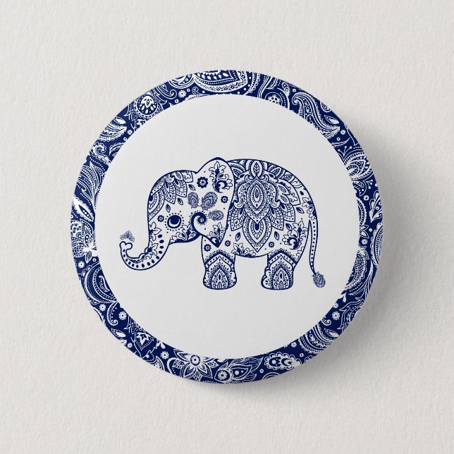 Badge Rond 5 Cm Elephant bleu marine Paisley (Devant)