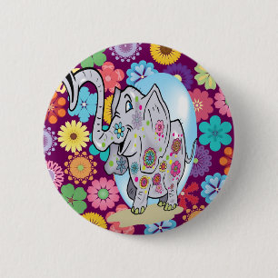 Badge Rond 5 Cm Éléphant hippie mignon avec les fleurs colorées