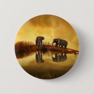 Badge Rond 5 Cm Eléphants asiatiques en Thaïlande sous un coucher 