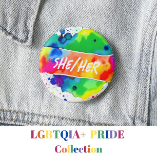 Badge Rond 5 Cm Elle/Ses Pronounounounounes Pride Aquarelle Arc-en